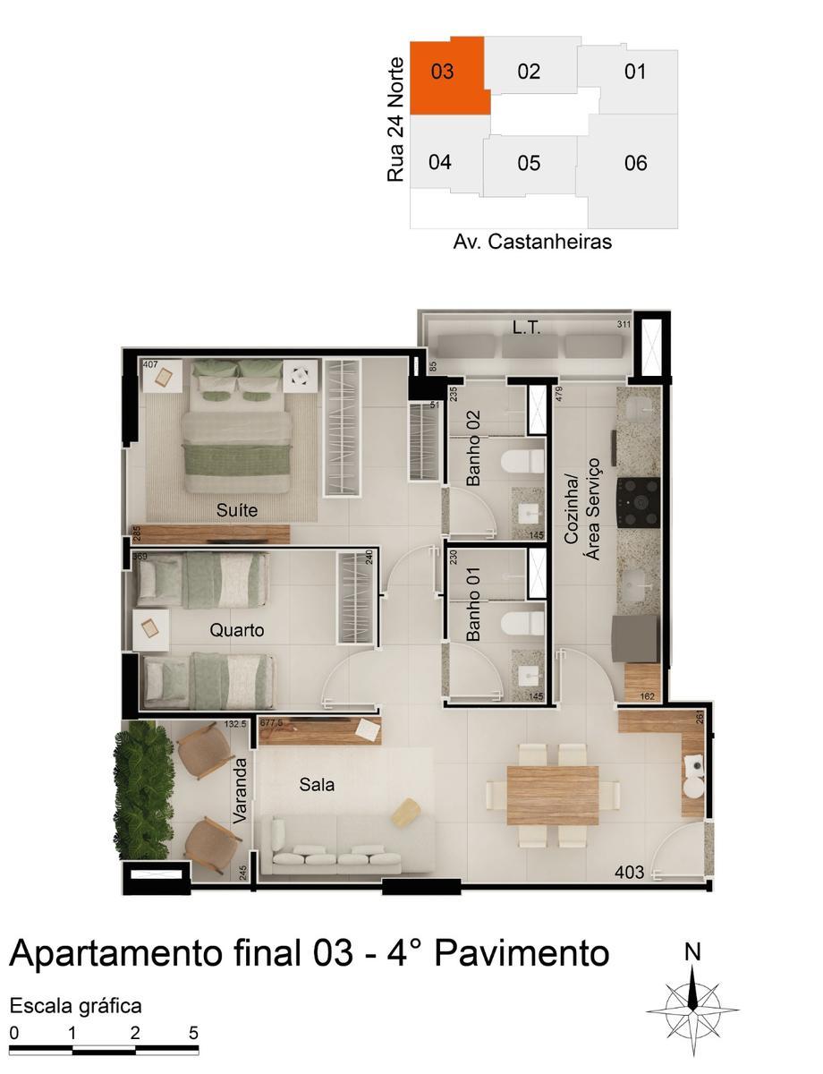 Apartamento, Norte, 2 Quartos, 1 Vaga, 1 Suíte