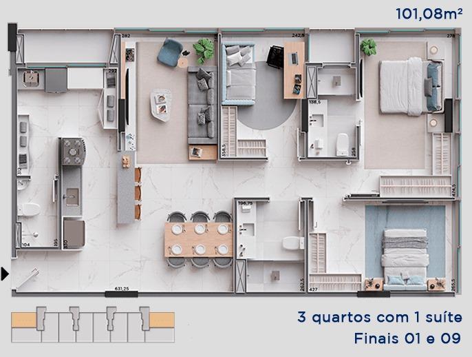 Apartamento, Noroeste, 3 Quartos, 2 Vagas, 1 Suíte