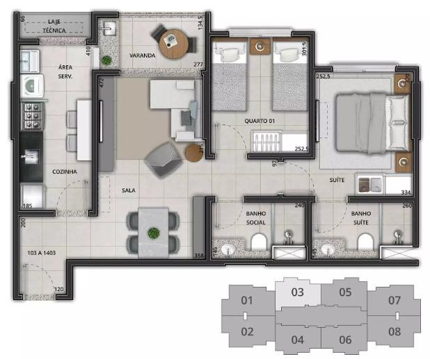 Apartamento, Norte, 2 Quartos, 1 Vaga, 1 Suíte