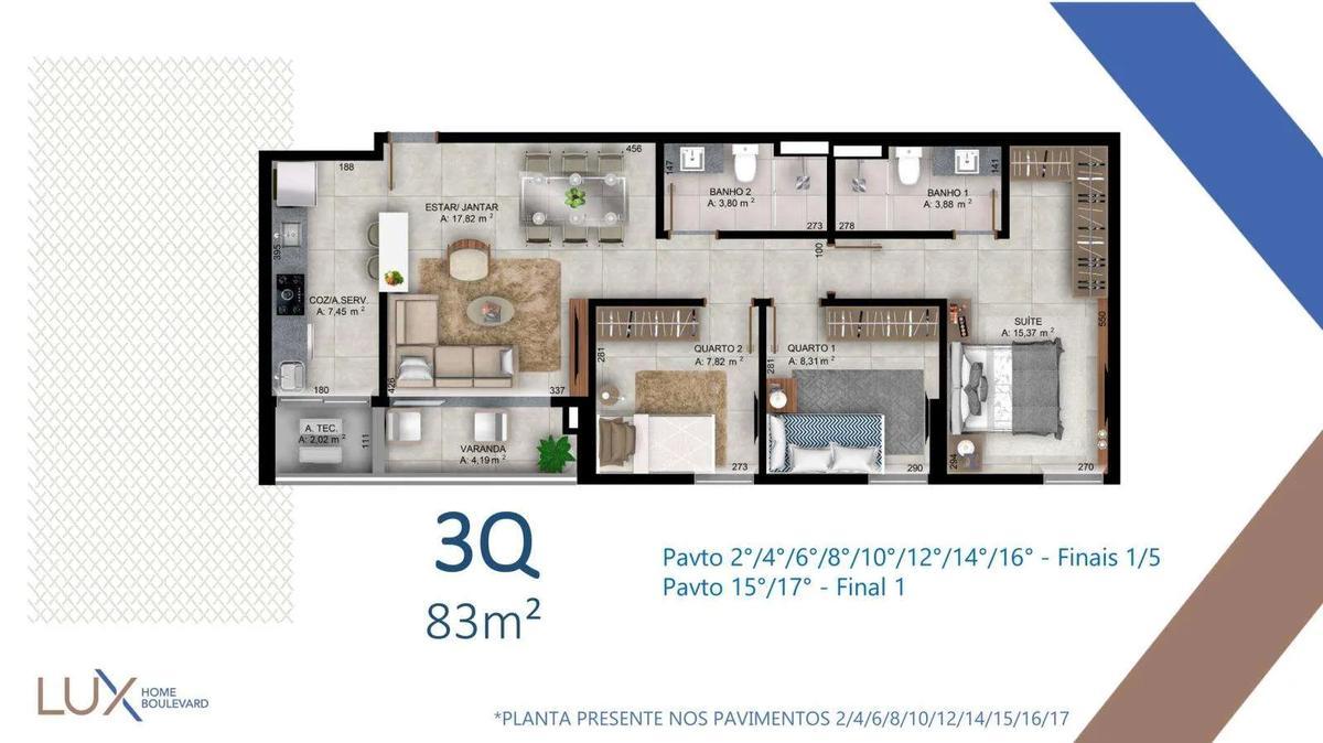Apartamento, Norte, 3 Quartos, 2 Vagas, 1 Suíte