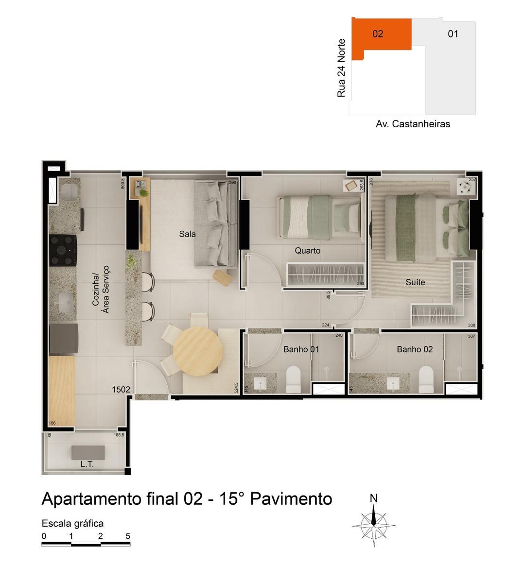Apartamento, Norte, 2 Quartos, 1 Vaga, 1 Suíte