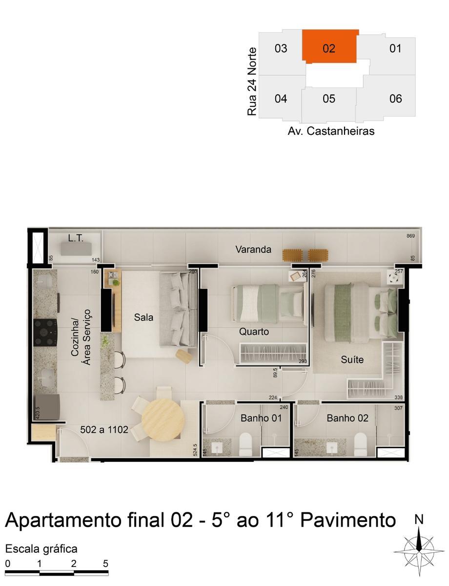 Apartamento, Norte, 2 Quartos, 1 Vaga, 1 Suíte