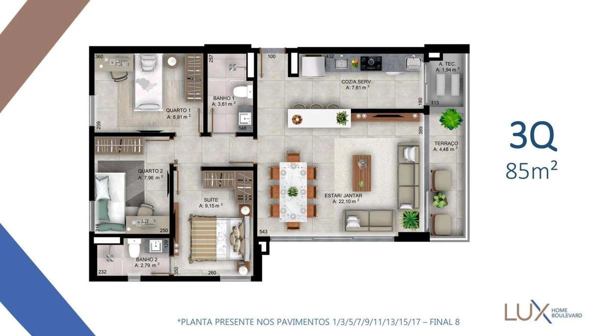 Apartamento, Norte, 3 Quartos, 2 Vagas, 1 Suíte
