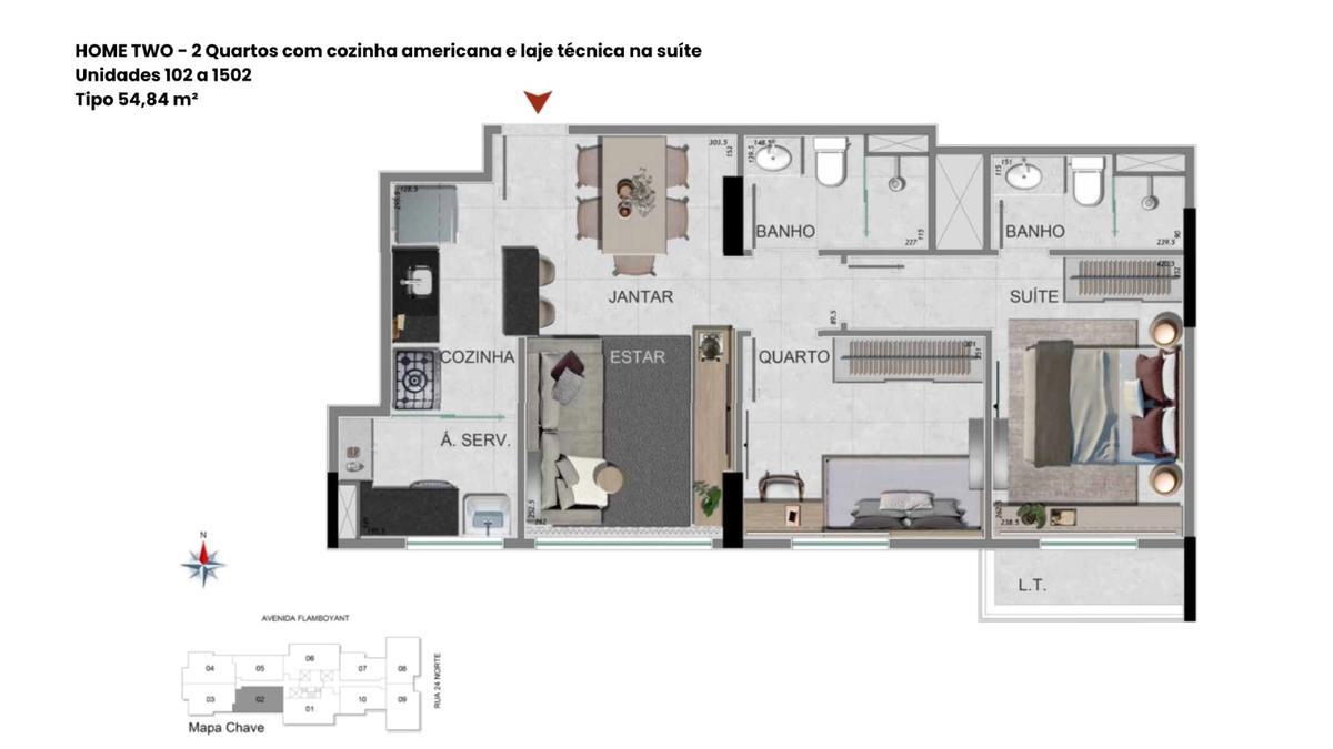 Apartamento, Norte, 2 Quartos, 1 Vaga, 1 Suíte