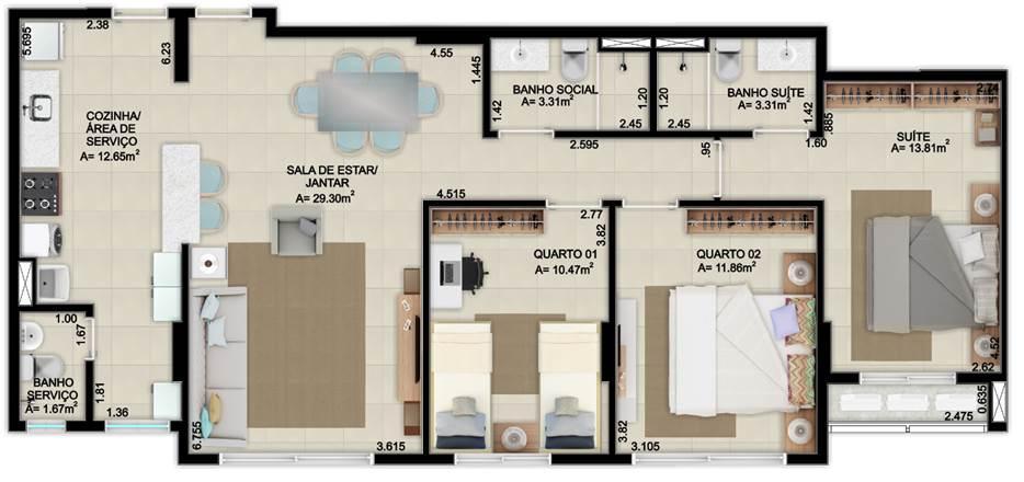 Apartamento, Norte, 3 Quartos, 2 Vagas, 1 Suíte