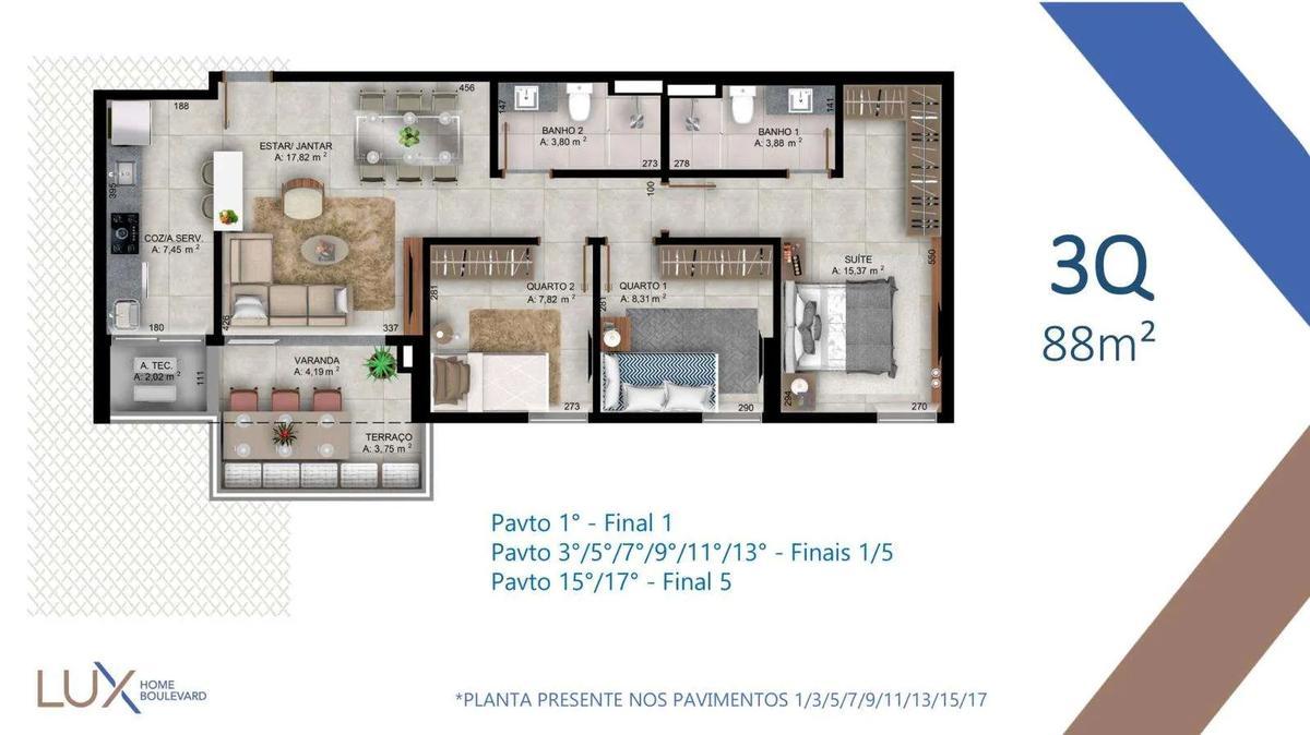 Apartamento, Norte, 3 Quartos, 2 Vagas, 1 Suíte