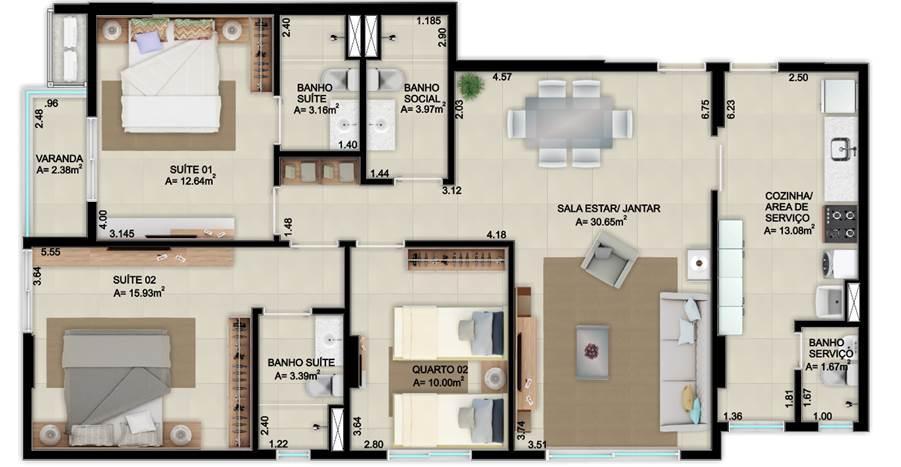 Apartamento, Norte, 3 Quartos, 2 Vagas, 1 Suíte