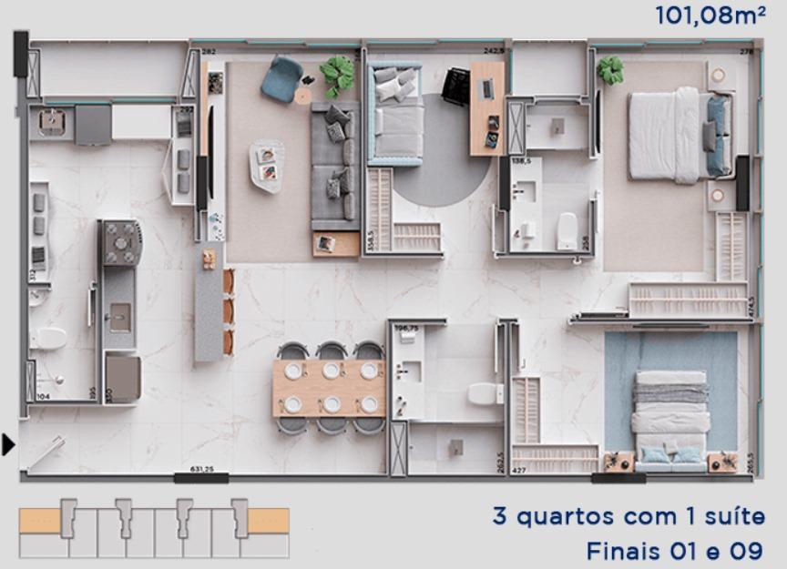 Apartamento, Noroeste, 3 Quartos, 2 Vagas, 1 Suíte