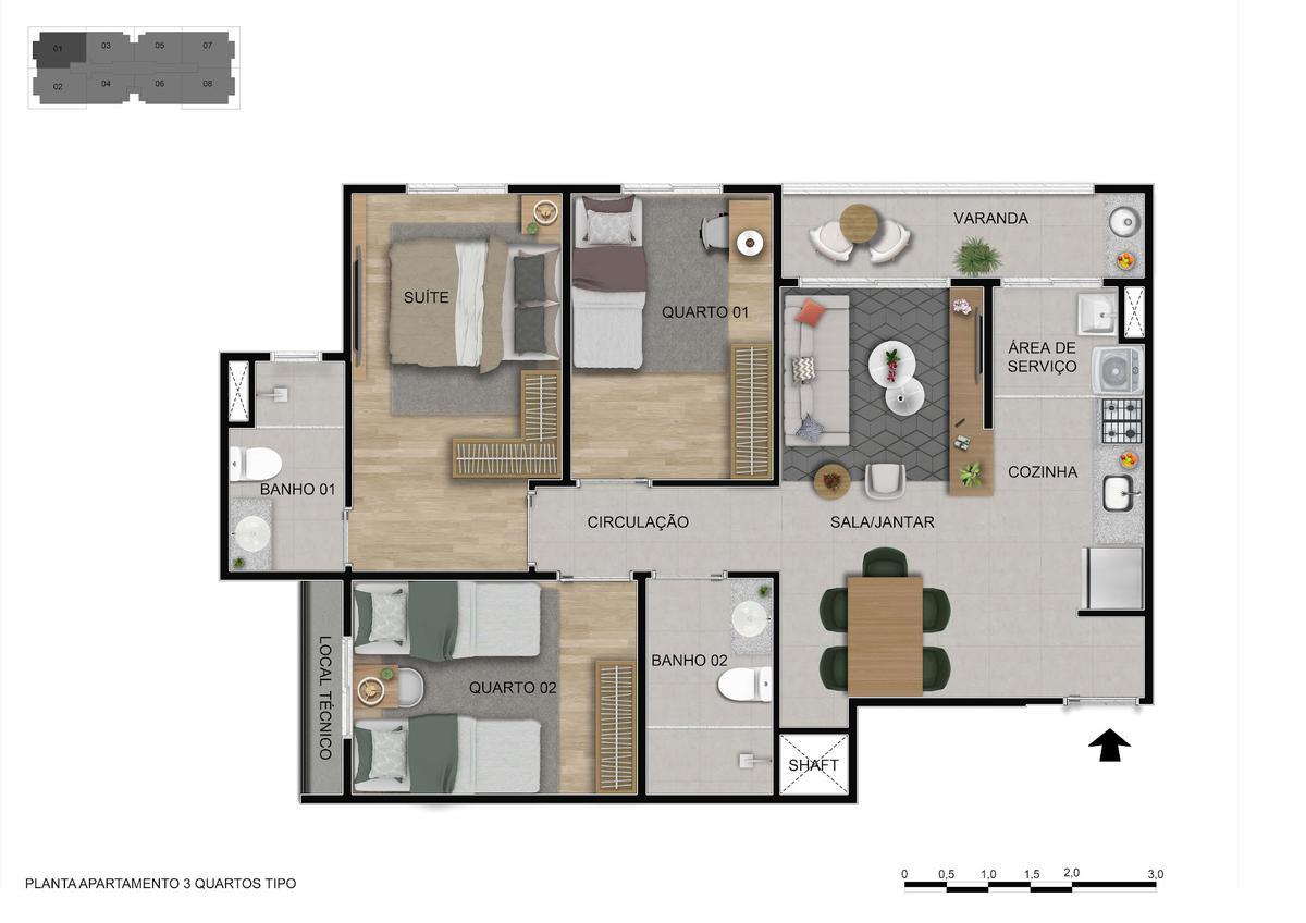 Apartamento, Sob, 3 Quartos