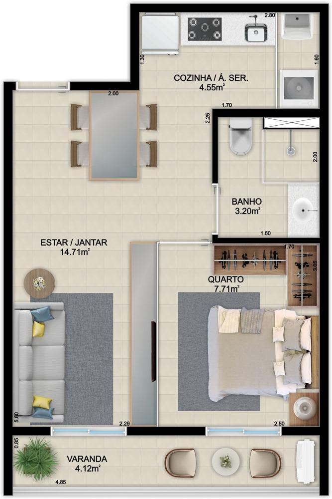 Apartamento, Setor Central, 1 Quarto, 0 Vaga