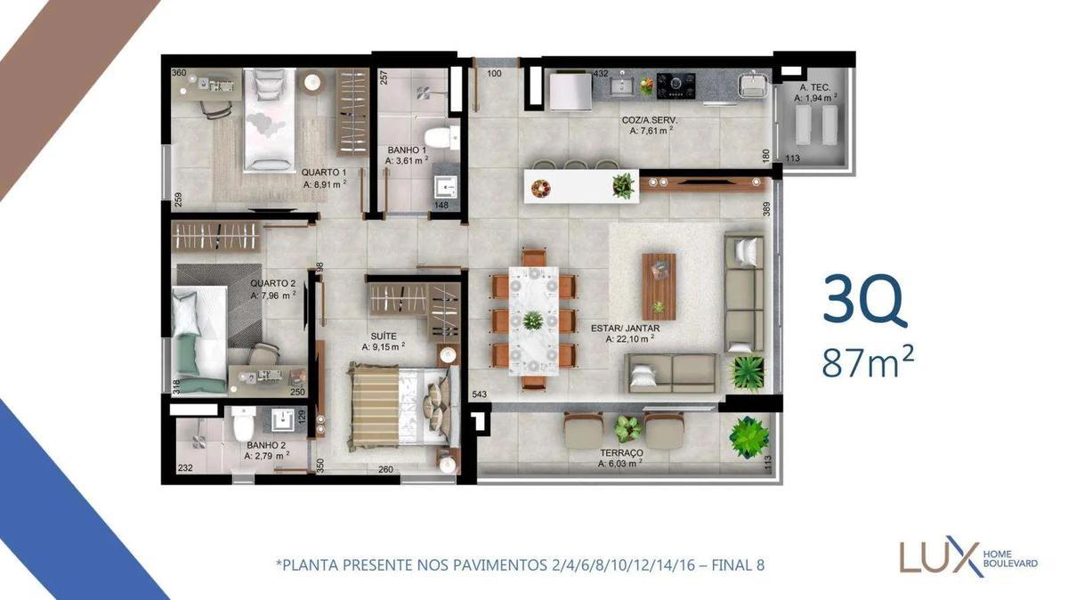 Apartamento, Norte, 3 Quartos, 2 Vagas, 1 Suíte
